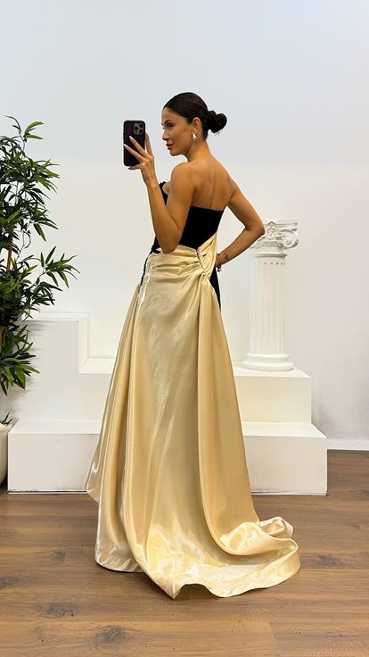 Gold Straplez Saten Detay Abiye Elbise