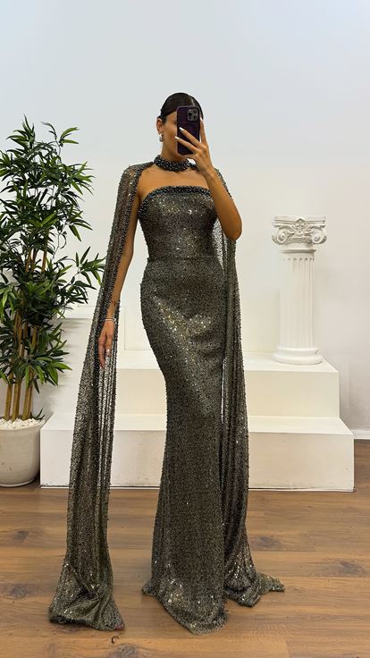 Haki Boncuku Pelerin Detay Abiye Elbise