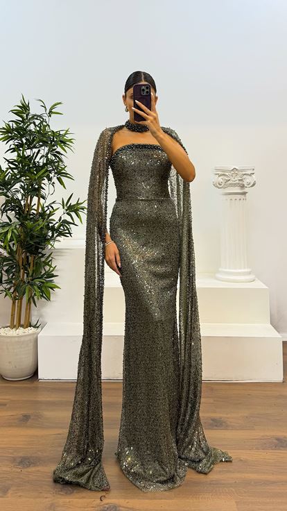 Haki Boncuku Pelerin Detay Abiye Elbise