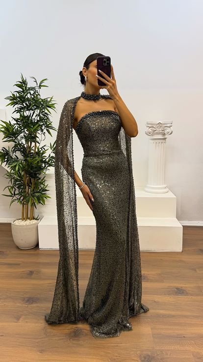 Haki Boncuku Pelerin Detay Abiye Elbise