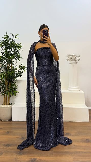 Navy Blue Beaded Cape Detail Evening Dress