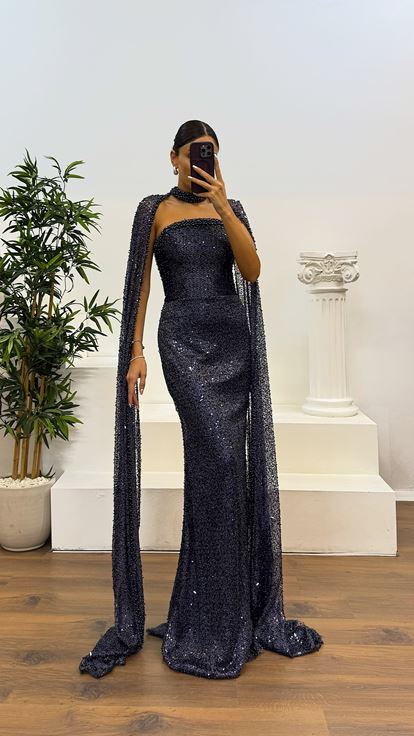 Lacivert Boncuku Pelerin Detay Abiye Elbise