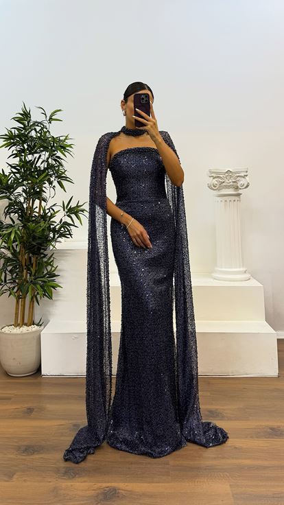 Lacivert Boncuku Pelerin Detay Abiye Elbise