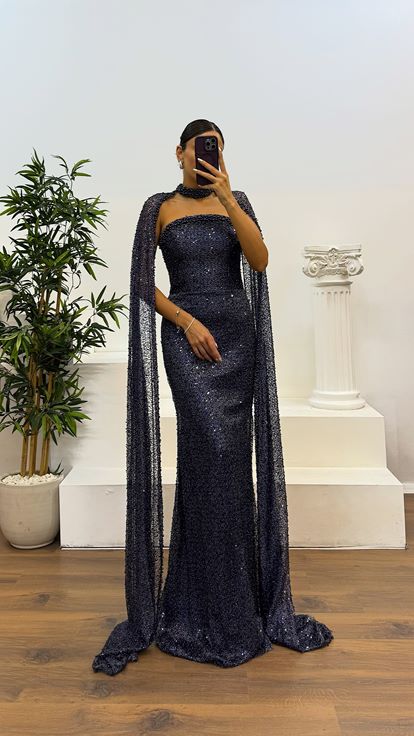 Lacivert Boncuku Pelerin Detay Abiye Elbise