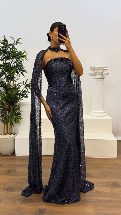 Lacivert Boncuku Pelerin Detay Abiye Elbise