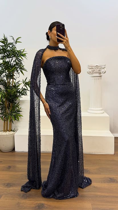 Lacivert Boncuku Pelerin Detay Abiye Elbise