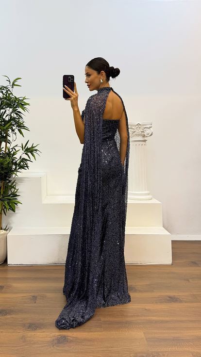 Lacivert Boncuku Pelerin Detay Abiye Elbise