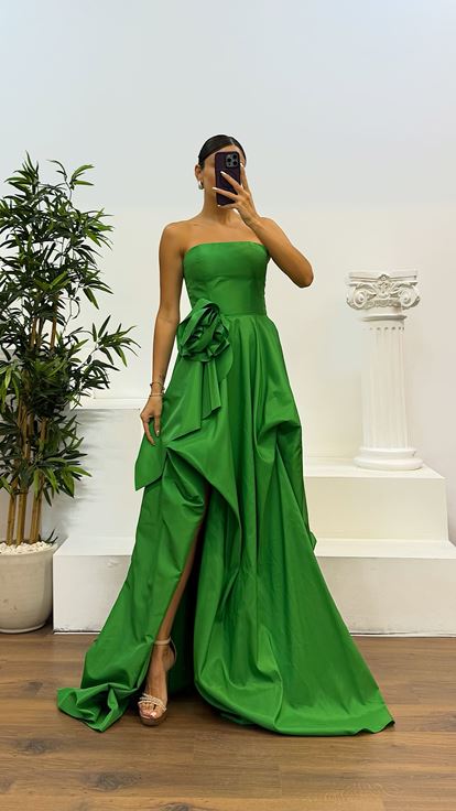 Green Strapless Taffeta Evening Dress