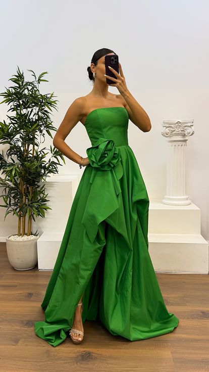 Green Strapless Taffeta Evening Dress