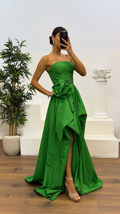Green Strapless Taffeta Evening Dress