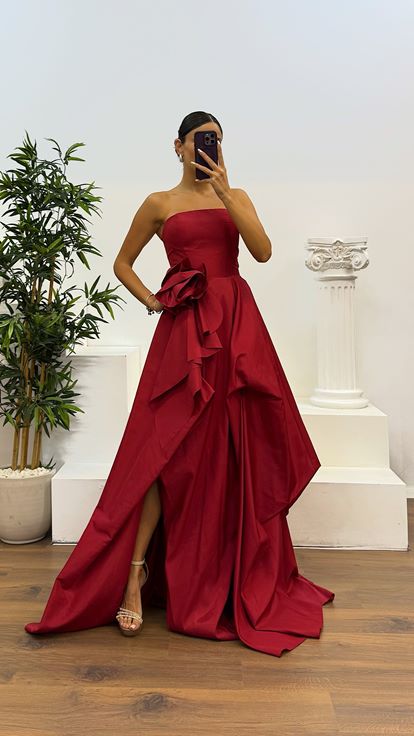 Burgundy Strapless Taffeta Evening Dress