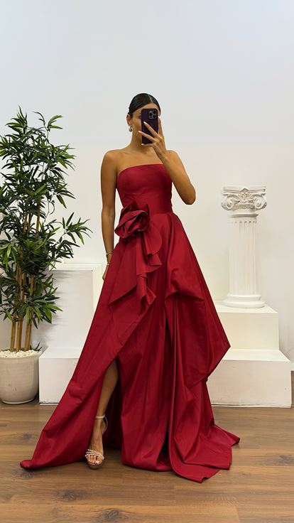 Burgundy Strapless Taffeta Evening Dress