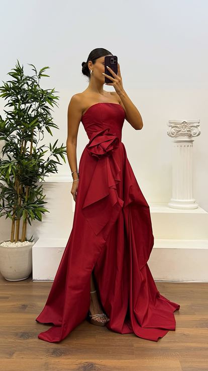 Burgundy Strapless Taffeta Evening Dress
