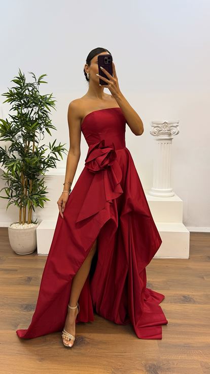 Burgundy Strapless Taffeta Evening Dress