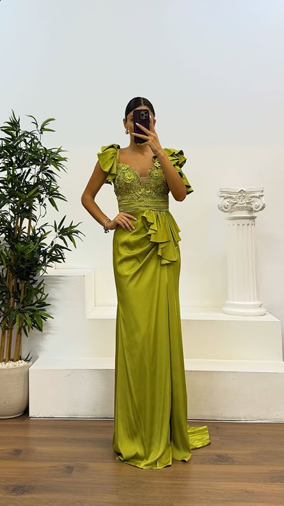Green Lace Satin Evening Dress