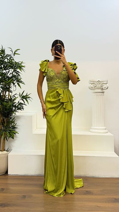 Green Lace Satin Evening Dress