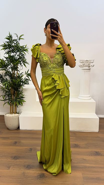 Green Lace Satin Evening Dress