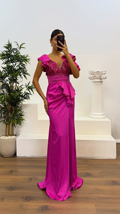 Fuchsia Guipure Satin Evening Dress