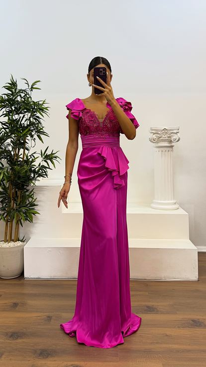 Fuchsia Guipure Satin Evening Dress