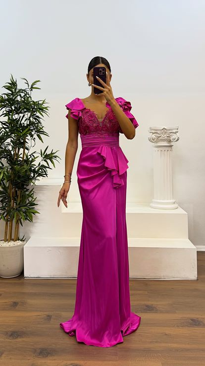 Fuchsia Guipure Satin Evening Dress