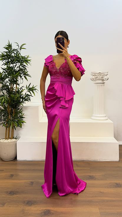 Fuchsia Guipure Satin Evening Dress