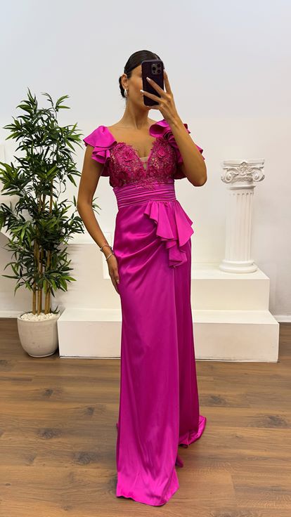 Fuchsia Guipure Satin Evening Dress