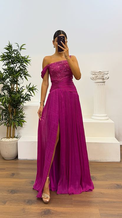 Fuchsia Lace Detail Pleated Evening Dress