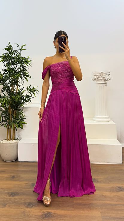 Fuchsia Lace Detail Pleated Evening Dress