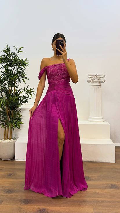Fuchsia Lace Detail Pleated Evening Dress