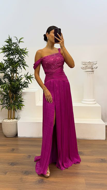Fuchsia Lace Detail Pleated Evening Dress