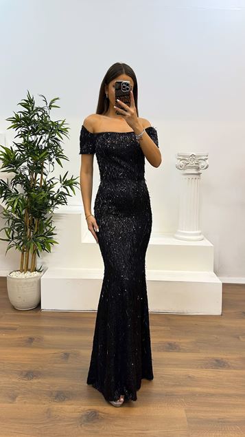 Black Boat Neck Beaded Evening Dress