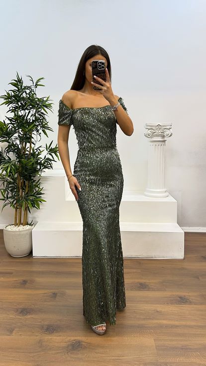 Khaki Boat Neck Beaded Evening Dress