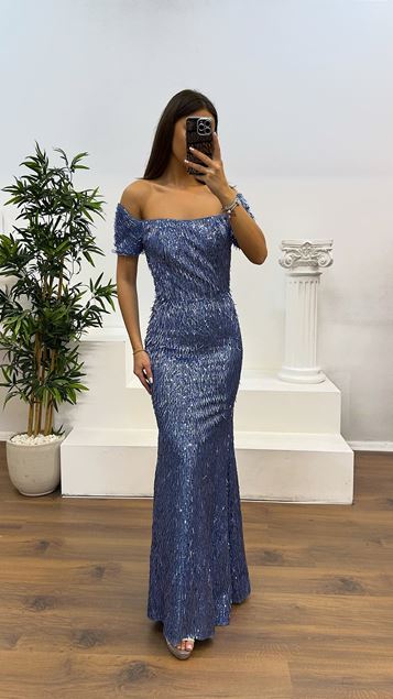 Indigo Boat Neck Beaded Evening Dress