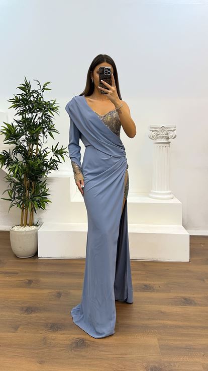 Gri Tek Kol İşleme Detay Abiye Elbise