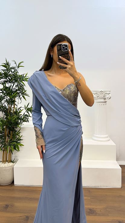 Gri Tek Kol İşleme Detay Abiye Elbise