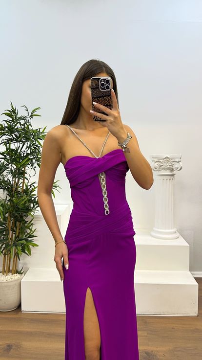 Mor Boyun Detay Abiye Elbise