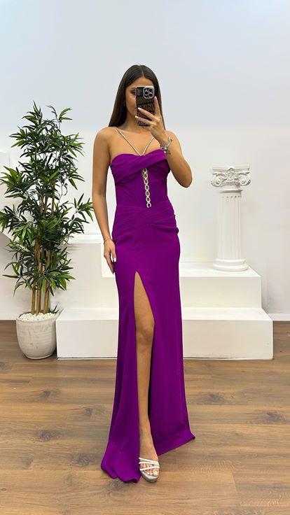 Mor Boyun Detay Abiye Elbise