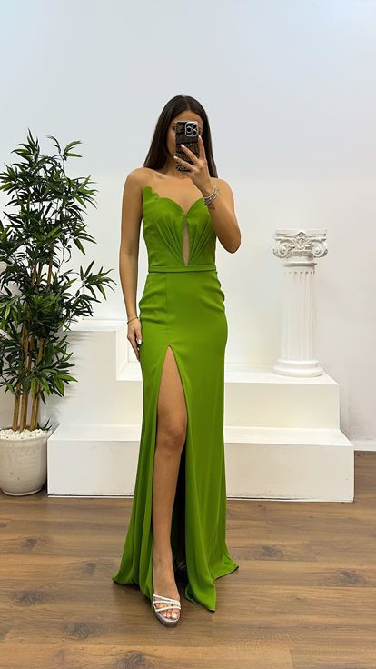 Green Heart Neckline Strapless Evening Dress
