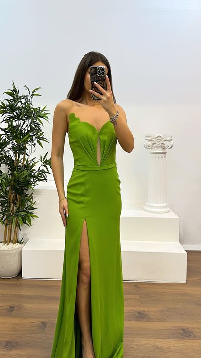 Green Heart Neckline Strapless Evening Dress