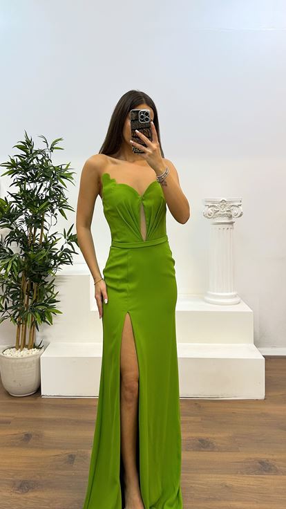 Green Heart Neckline Strapless Evening Dress