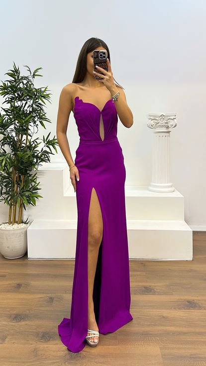 Mor Kalp Yaka Straplez Abiye Elbise