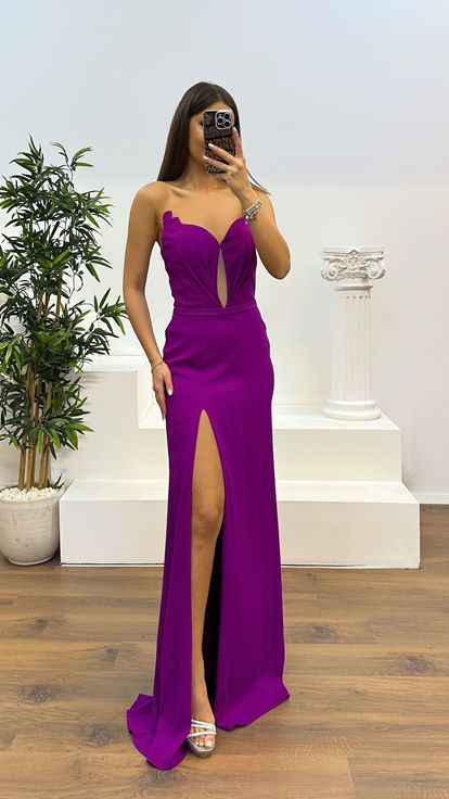 Mor Kalp Yaka Straplez Abiye Elbise