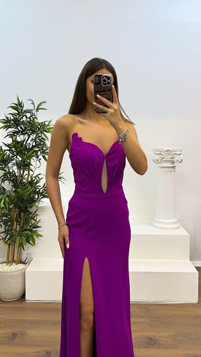 Mor Kalp Yaka Straplez Abiye Elbise