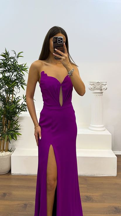 Mor Kalp Yaka Straplez Abiye Elbise