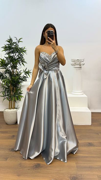 Silver Strapless Bow Detail Evening Dress