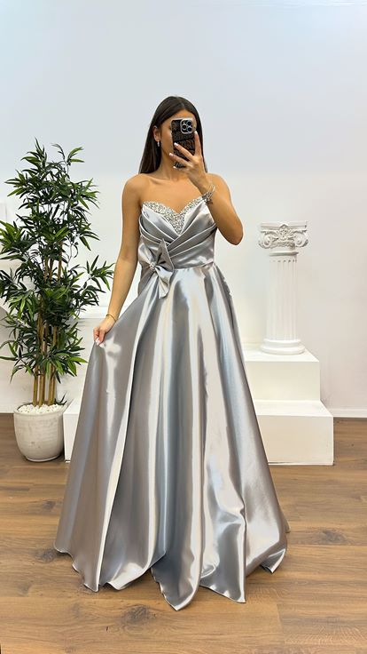 Silver Strapless Bow Detail Evening Dress