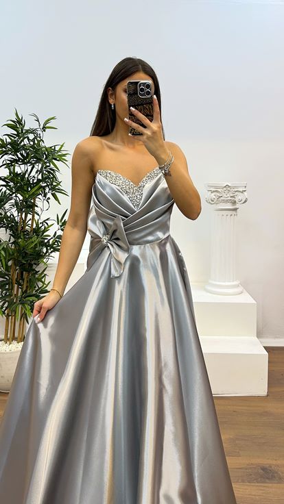 Silver Strapless Bow Detail Evening Dress