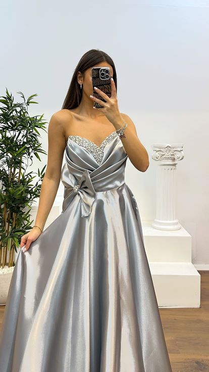 Silver Strapless Bow Detail Evening Dress