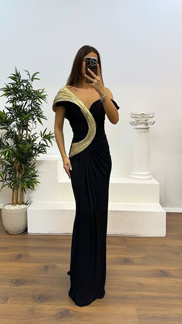Gold One Shoulder Draped Evening Dress