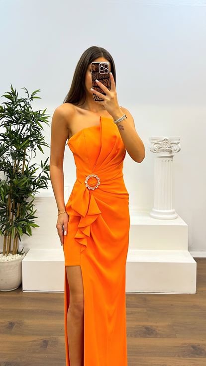 Orange One Shoulder Evening Dress with Stone Detail